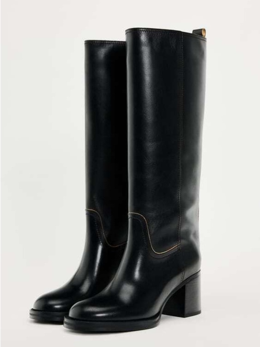 Zara Black Knee-High Block Heel Leather Boots 39